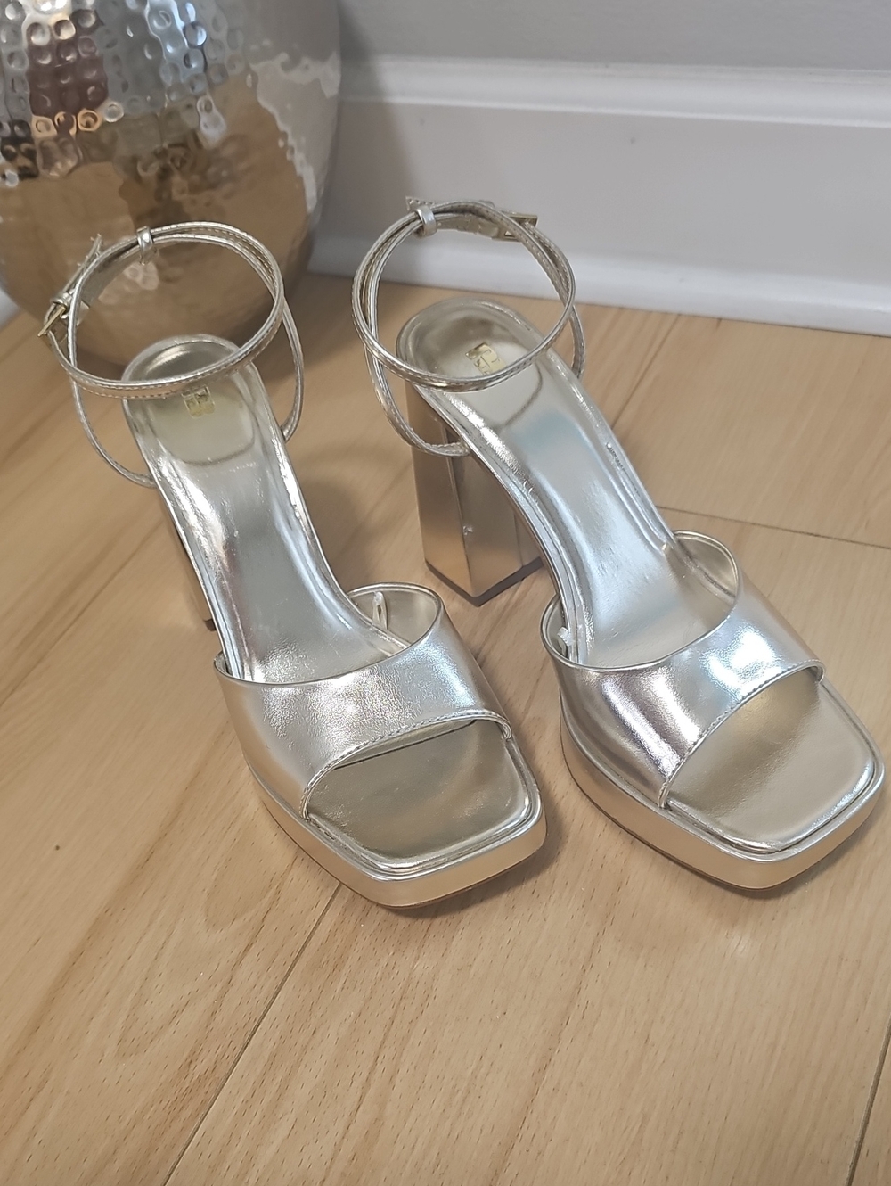Gold Metallic Block Heel Ankle Strap Sandals, 9